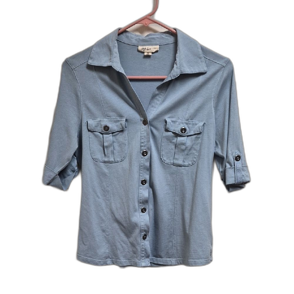 Style & Co Light Blue Button Up Shirt Size PM CHambray Style Roll Tab Sleeve
